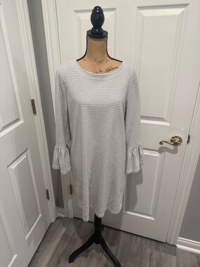 J. Crew White and Black Striped Bell-Sleeve Shift Dress